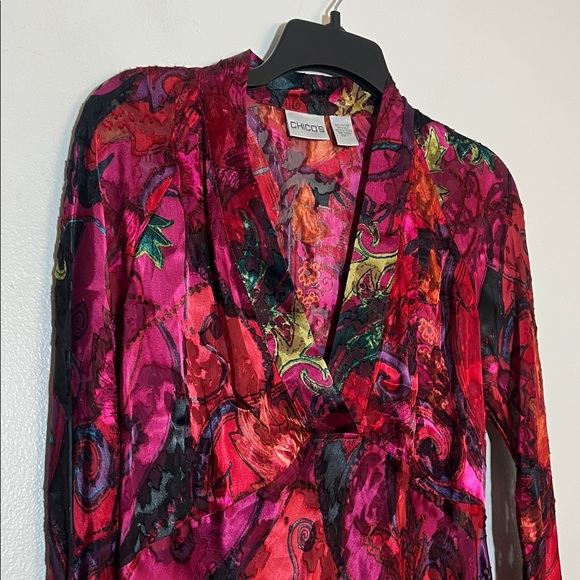 Chico's Silk Red Floral Paisley Burnout Velvet Velour Long Sleeve Top Blouse 1 - Picture 3 of 6